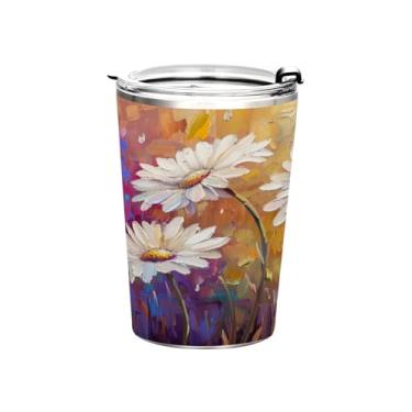 Imagem de Blueangle Copo de 340 g com tampa e canudo, copo de café com água isolada a vácuo de aço inoxidável, margaridas pintura a óleo caneca de viagem copo térmico para bebidas quentes e frias (309)