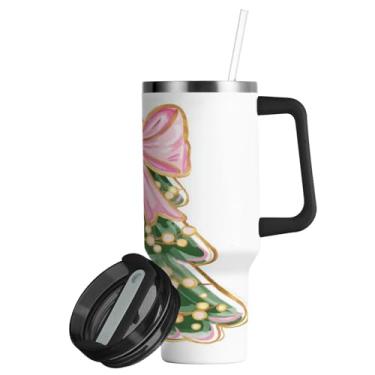 Imagem de ATTX Copo de arco rosa de árvore de Natal de 850 g com alça, copo de aço inoxidável a vácuo de parede dupla com palha, caneca de café de viagem isolada #423