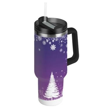 Imagem de Blueangle Copo branco para árvores de Natal de 1,134 g com alça e tampa de palha, caneca de viagem de aço inoxidável isolada a vácuo de parede dupla, garrafa de água reutilizável para academia de