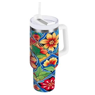 Imagem de Blueangle Copo isolado de 850 g com alça e tampa de canudo - Caneca de viagem de aço inoxidável à prova de vazamento, garrafa de água de cerâmica mexicana a vácuo de parede dupla (558)