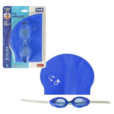 Imagem de Kit de Natação com Óculos, Touca, Protetor de Ouvido e Nariz, Azul, Silicone e Policarbonato, 5 Peças, Proteção UV