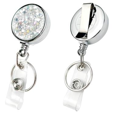 Imagem de Pacote com 2 porta-crachás retráteis – Carretéis de crachá de plástico leve com chaveiro e clipe de cinto, cordão de 61 cm para cartões de identificação, enfermeiros, professores e estudantes (prata)