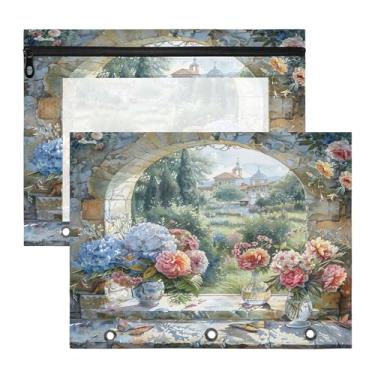 Imagem de SEHANY Pasta de lápis de flores de jardim com 3 anéis - bolsa de documentos com zíper tamanho A4 com janela transparente para sala de aula, escritório, 2 peças