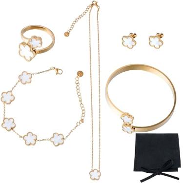 Imagem de GyovinnJuwanua Joias de liga de flor da sorte - 5 peças de colar com design de flor da sorte, brincos, pulseira, conjunto de joias, enfeite de corrente banhada a trevo e bolsa de pelúcia para mulheres