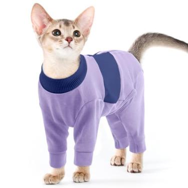 Imagem de QBLEEV Roupas para gatos, suéteres macios para gatos apenas, macacão de recuperação de cirurgia para gatinhos, pijamas de macacão de quatro pernas, roupas para prevenção de queda de cabelo, roxo, PP