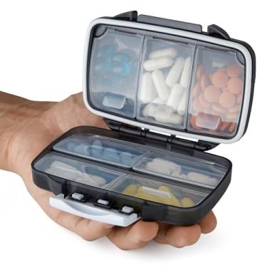 Imagem de Caixa de recipiente de pílulas de viagem para bolsa – organizador de pílulas pequeno estojo de comprimidos de viagem à prova de umidade recipiente de medicamentos vitamínicos dispensador de suplementos portátil hermético diário organizador de comprimidos 7 compartimentos