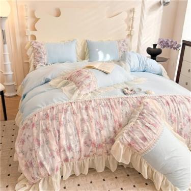 Imagem de XLCZMYL Jogo de cama de casamento de princesa com babados de renda com flores, capa de edredom, lençol com elástico, 4 peças, azul, saia de cama de 1,8 x 2 m, 4 peças