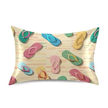 Imagem de xigua Fronha de cetim com estampa de chinelos coloridos para cabelo e pele, lavável na máquina, almofada de cetim para resfriamento, capa de cama queen com fecho de envelope, 50,8 cm x 76,2 cm