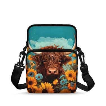 Imagem de CLOHOMIN Bolsa mensageiro pequena para mulheres e homens, bolsa para celular, carteira, bolsas pequenas da moda, pochete bolsa mensageiro, Highland Cow Girassóis Margarida