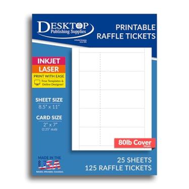 Imagem de Folhas de bilhetes de sorteio em branco com tocos removíveis – 125 bilhetes para impressão (25 folhas) – Cartolina fosca branca de 36 kg – 5 x 17,8 cm bilhetes para eventos, desenhos, cupons