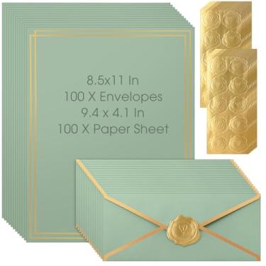 Imagem de Gueevin Pacote com 100 conjuntos de papelaria verde sálvia com envelopes e adesivos, borda dourada, papel e envelopes nº 10, envelope comercial 21 x 28, folhas de papel e adesivos para convite de