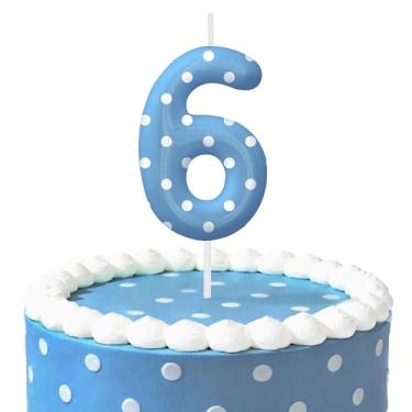Imagem de Velas de aniversário de bolinhas azuis para bolo, velas número 6, decorações de aniversário, suprimentos de festa, topo de bolo de bolinhas para decoração de festa temática para meninos e meninas