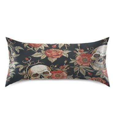 Imagem de JUZIHAI Fronha de travesseiro rosa de caveira de Halloween para cabelo e pele, macia, respirável, com fecho de envelope, capa de travesseiro suave e refrescante, tamanho king size 50 x 101 cm