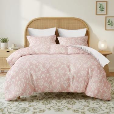 Imagem de Jolusere Jogo de cama Queen, floral, rosa blush, botânico, reversível, com 3 peças, 1 edredom de flor elegante com 2 fronhas, microfibra supermacia
