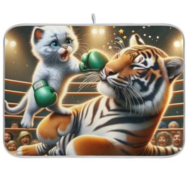 Imagem de Tapete de secagem de pratos de boxe gatinho tigre 40,6 cm x 45,7 cm almofada de secagem absorvente de pratos de microfibra escorredor almofada de cozinha protetor de bancada