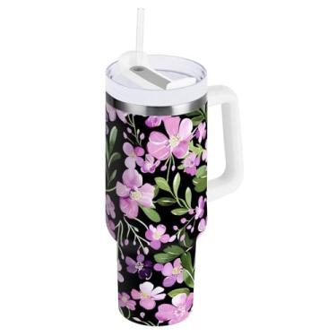 Imagem de Copo com isolamento duplo preto de flores lilás de 1,134 g com alça e tampa de palha, copo com isolamento de queda