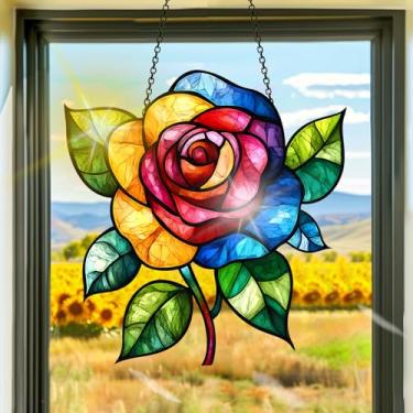 Imagem de Apanhador solar de acrílico colorido, decoração de janela suspensa de flamingo, arte de parede de arco-íris, para sala de estar, quarto, varanda, decoração de jardim interno e externo, 19 x 19 cm