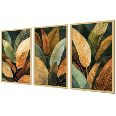 Imagem de Pinturas Quadros Decorativos com Moldura Sala Quarto Trio Natureza Pintura Floral O Cores das Folhas Decoração Sala Exquisitamente Trabalhado e Esteticamente Agradável (Freijó 40x60 Sem Vidro)