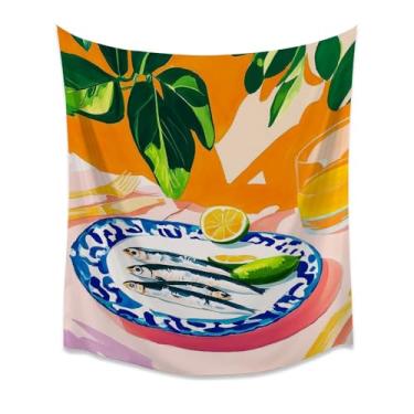 Imagem de Tapeçaria de parede de cozinha com sardinhas brilhantes limões placa de lima Maximalista decoração de jantar costeira colorida ilustração de comida mediterrânea pôster de tecido para despensa de