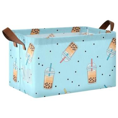 Imagem de Caixotes de armazenamento fofos de chá bolha com 2 alças, 40 x 29 x 25 cm, organizador grande de armazenamento de roupas para armazenamento de quarto e organização, 1 pacote