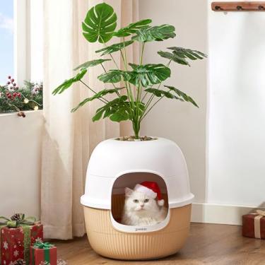 Imagem de ZOMISIA Caixa de areia oculta para gatos com planta falsa, caixa de areia com controle de odor, móveis com vaso artificial e colher, fácil de montar e limpar, branco e cáqui