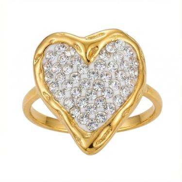 Imagem de Anel de declaração de coração de zircão cúbico falso para mulheres titânio aço inoxidável corações amor casamento noivado promessa joias delicadas de aniversário para amante dela tamanho 6-8 anéis