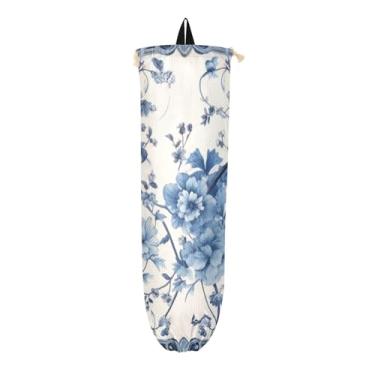 Imagem de Tapete azul e branco com suporte de saco plástico floral, dispensador de saco de plástico montado na parede, organizador de sacolas plásticas de cozinha