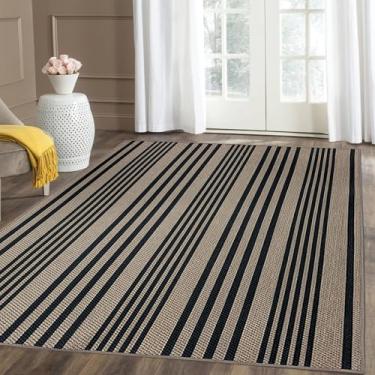 Imagem de USTIDE Tapete listrado de juta fácil, 12 x 18 cm, tapete de área lavável, grande neutro para sala de estar, tapete preto antiderrapante para casa de fazenda para quarto, escritório, terraço, quintal