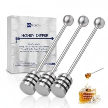 Imagem de NiceGo Mel Dipper. Conjunto premium de molho de mel de aço inoxidável 304, agitador de cozinha de 16,3 cm, pacote com 3 palitos de colmeia de sulco profundo para xarope, melaço e molhos, pode ser