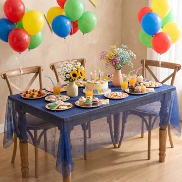 Imagem de Horaldaily Toalha de mesa retangular de gaze azul royal pérola azul 152 cm × 213 cm, gaze de renda de tule para primavera, verão, toalha de mesa de chá de panela para decoração de mesa de aniversário