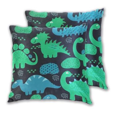 Imagem de Joitme Conjunto de 2 capas de almofadas de dinossauros, verde, azul, preto, conjunto de 2, fronhas fofas para uso ao ar livre, almofadas de cama para sofá, 45 x 45 cm, 2 peças
