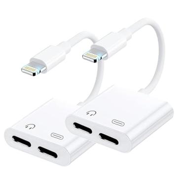 Imagem de [Certificado Apple MFi] Pacote com 2 adaptadores de fone de ouvido para iPhone, adaptador Lightning para 2 Lightning, dongle de fone de ouvido para iPhone 14/13/12/11/XS/XR, suporta áudio +