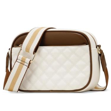 Imagem de Goinsound Bolsa transversal feminina de couro vegano acolchoada com alça larga, Marrom e branco retrô