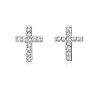 Imagem de Brincos femininos banhados a ouro branco prata minúsculo cruz com zircônia cúbica - Mini joia de cristal CZ