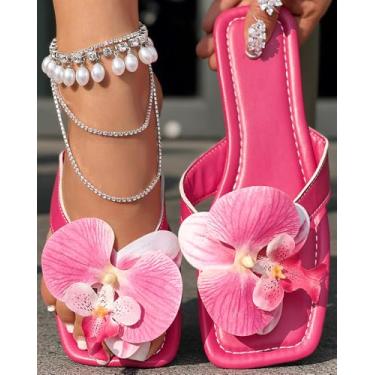 Imagem de Pantufa feminina de bico quadrado 3D orquídea floral alça cruzada rosa plana casual uso diário festa chinelos, Rosa choque, 43
