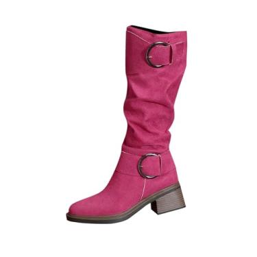 Imagem de Botas femininas de várias fivelas com salto grosso para um visual elegante de outono e inverno, Rosa choque, 38