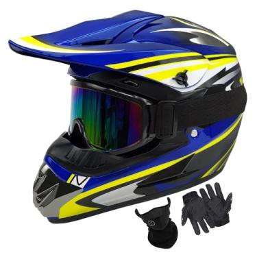 Imagem de Capacetes infantis de motocross, motocicletas, BMX, quadriciclos, off-road, quatro rodas, capacetes de rosto inteiro para bicicleta Moutain aprovados por pontos (luvas de proteção facial) (CX-azul