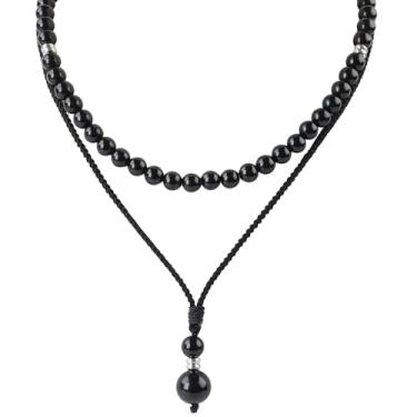Imagem de YJTSWDXY 2 peças, colar multicamadas, colar com contas para homens, colar empilhado em camadas, gargantilha masculina, pingente de contas de obsidiana, 23.6 in, Gema, Obsidiana