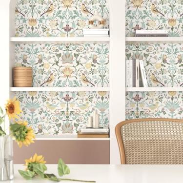 Imagem de EPPKILY Papel de parede William Morris Descasque e cole pássaros vintage papel de parede floral boho floral autoadesivo removível papel de contato botânico para quarto, sala de estar, armários, forro