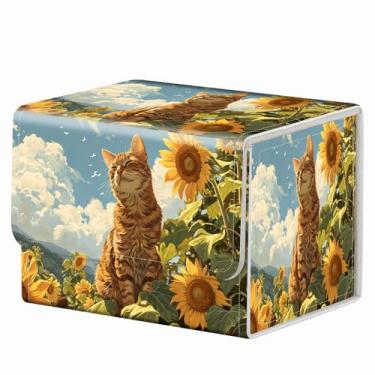 Imagem de Ímã forte para caixa de baralho TCG MTG Commander caixa organizadora de cartões colecionáveis padrão criativo caixa de armazenamento para jogos colecionáveis de até 200 cartas, gato laranja girassol