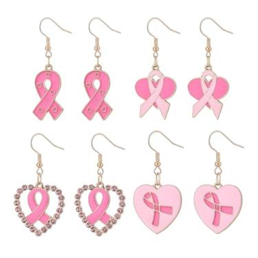 Imagem de XYAYOU Conjunto de 4 pares de brincos de coração de fita rosa para mulheres, suporte de sobrevivente de câncer de mama, joia de conscientização, Medium, Acrílico, Sem pedra preciosa