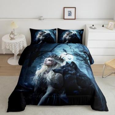 Imagem de Manfei Conjunto de edredom com lobo e princesa, selva mística, lua, animal, vida selvagem, para quarto de adolescentes e adultos, conjunto de colcha psicodélica com coroa rainha gótica, 3 peças com 2