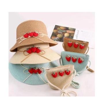 Imagem de Kit Chapéu E Bolsa Infantil Morango Menina Moda Delicada - Bolsa infan