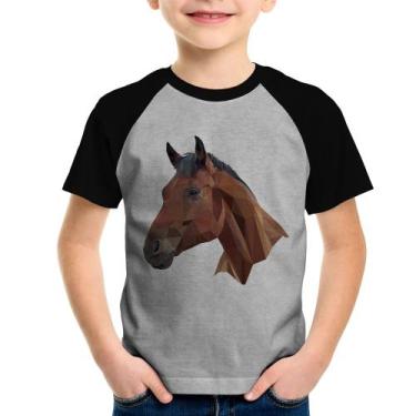 Imagem de Camiseta Raglan Infantil Cavalo Arte Mosaico - Foca na Moda, Cinza, Pr