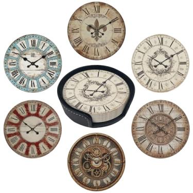 Imagem de sunwarshile Porta-copos para bebidas com suporte porta-copos redondos de couro, conjunto de 6 xícaras, canecas, tapete para bar de cozinha doméstica (relógio)