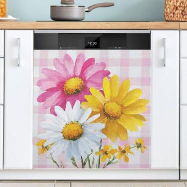 Imagem de Margaridas de flores de primavera impressão branca capa de ímã de máquina de lavar louça capa decorativa reutilizável para lava-louças decalque para armários painel eletrodomésticos 58 x 66