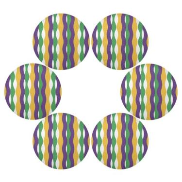 Imagem de Wassud Jogo americano conjunto de 6 tapetes de mesa redondos com listras onduladas de carnaval para cozinha e jantar, tapetes laváveis resistentes ao calor, decoração de mesa 39 cm