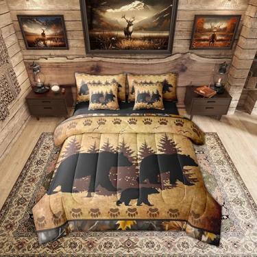 Imagem de Erosebridal Conjunto de edredom de urso preto marrom camuflado caça tamanho Queen 7 peças | Cama de vida selvagem natural em uma bolsa com estampa de pé animal floresta conjunto de cama adultos homens