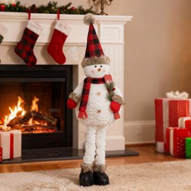 Imagem de Honamonoy Boneco de neve em pé de Natal, boneca extensível de pelúcia com pernas telescópicas, decorações de buffalo, vermelho, cachecol xadrez, chapéu, boneco de neve, enfeite de mesa, decoração para