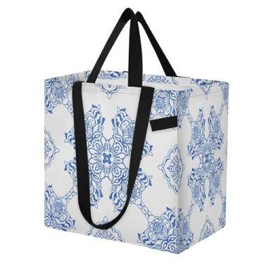 Imagem de SEHANY Sacolas de compras reutilizáveis de porcelana azul e branca com alças reforçadas, bolsa de compras de lona dobrável à prova d'água de grande capacidade para viagem, cozinha, praia